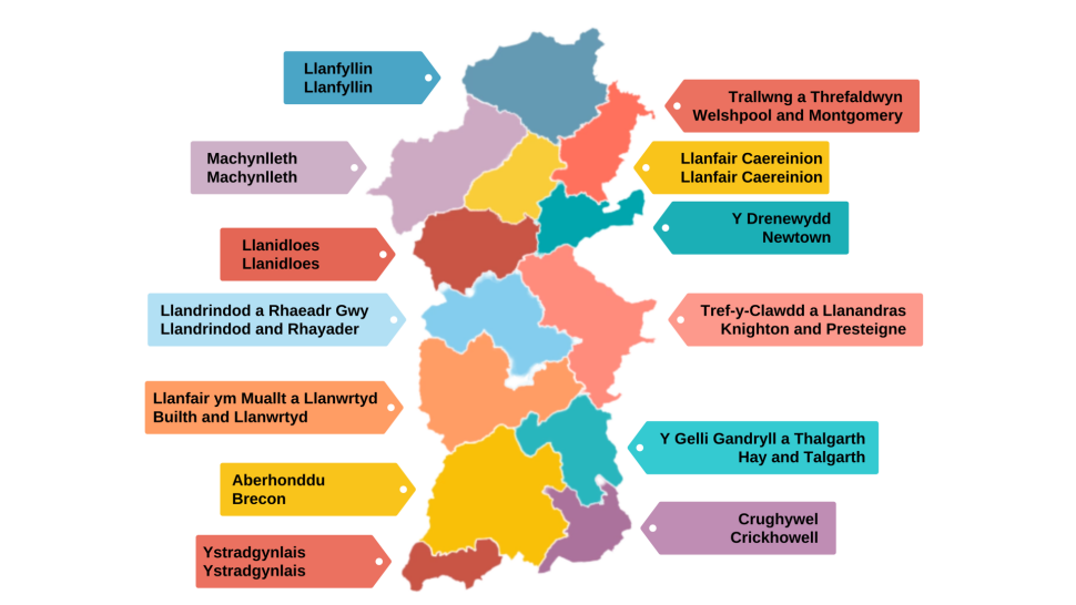 A map of the 13 Powys Locality Areas (Housing Market Areas)