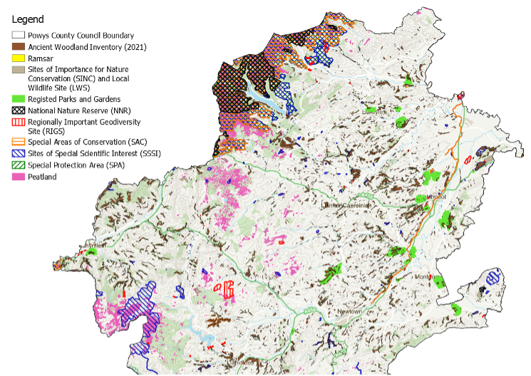 Map of North Powys designated and non-statutory sites