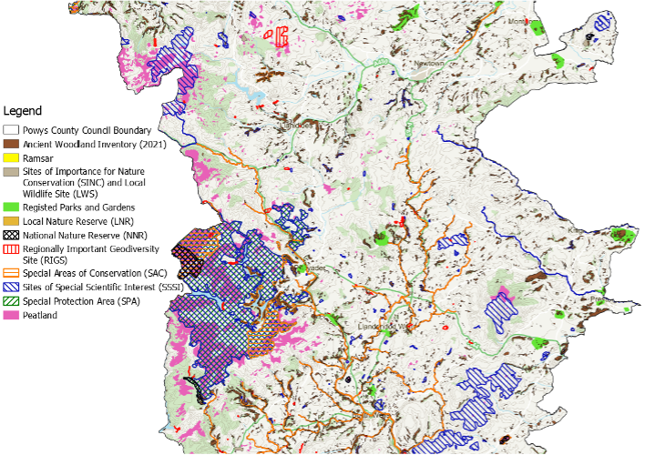 Map of Mid Powys designated and non-statutory sites