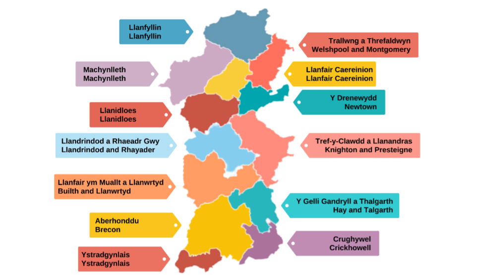 Map o Bowys wedi'i rannu'n 13 ardal