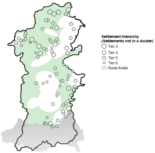 A map showing the areas defined as rural and non cluster settlements.