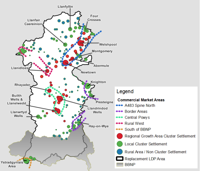 A map of Powys showing commercial market areas shown with the settlement in the sustainable settlement hierarchy