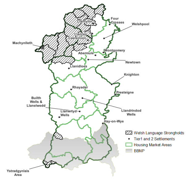 Welsh Language Strongholds in Powys LPA Area. These are shown as NW Powys, a small area on the Carmarthenshire border and the Ystradgynlais area.