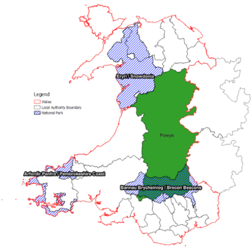 Map showing the outline of Powys local authority area and neighbouring local authorities