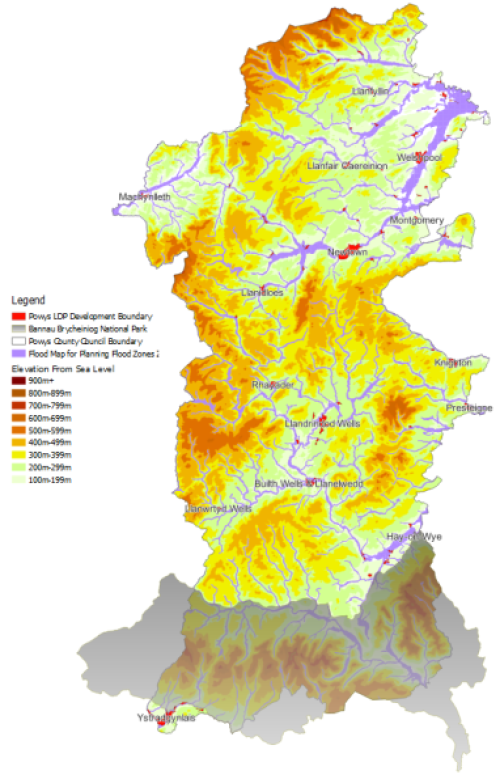 A map of Powys showing the main settlements and river and sea flood risk
