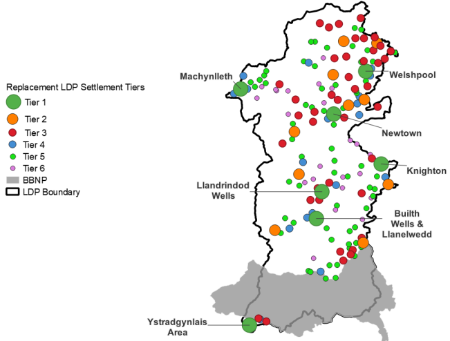 A map showing the location of settlements in the Replacement LDP Settlement Hierarchy