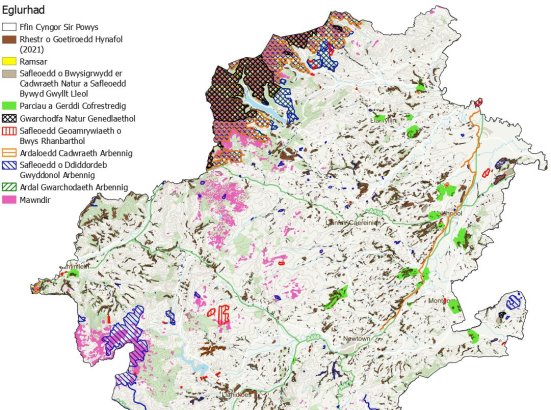 Map o safleoedd dynodedig ac anstatudol Gogledd Powys