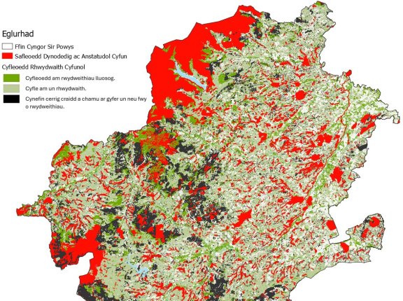 Map o Gyfleoedd Gogledd Powys – safleoedd gwarchodedig a rhwydwaith cyfun