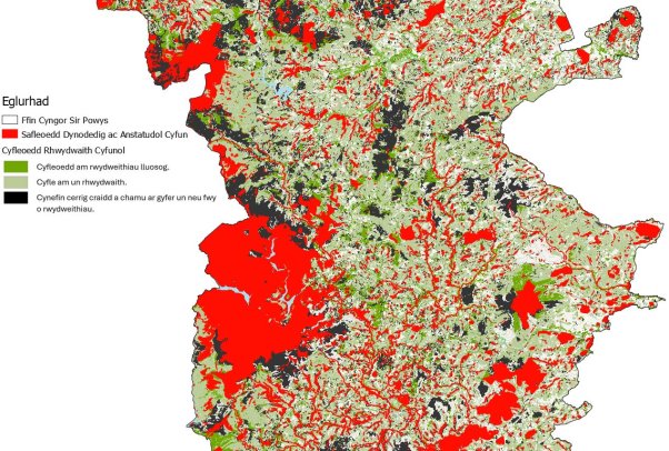 Map o Gyfleoedd Canolbarth Powys - safleoedd gwarchodedig a rhwydwaith cyfun